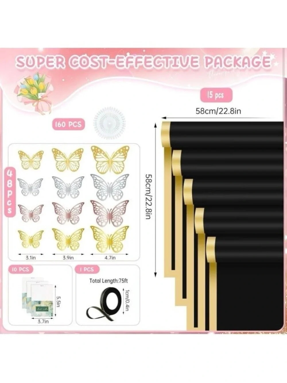 234Pcs Wrapping Paper for Flower Bouquets - black & gold waterproof